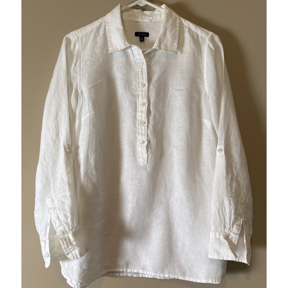 Talbots M White 100% Linen Top Long Sleeves w/ Rolled‎ Tab Button Accents (read)